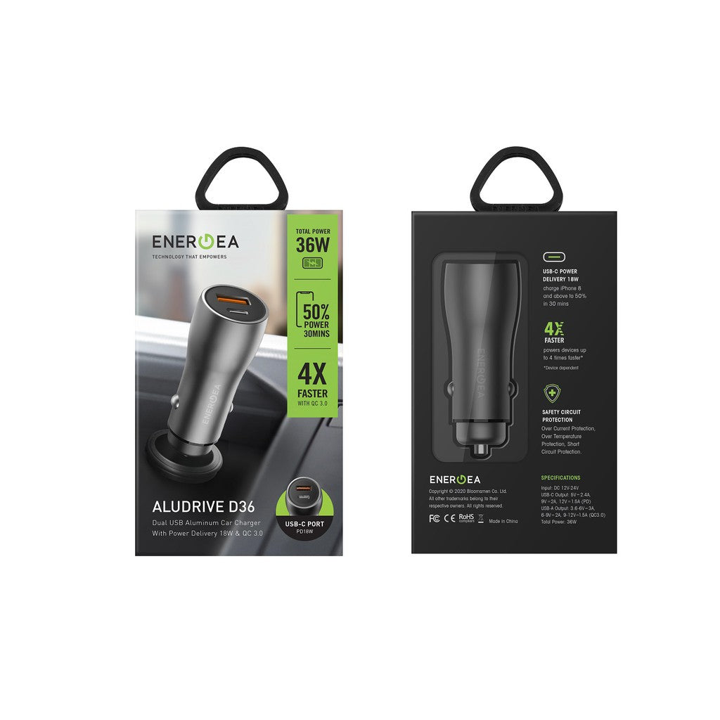 Energea 2 USB Port Charger (QC3.0 18W each) Total Power: 36W - Aluminum Body
