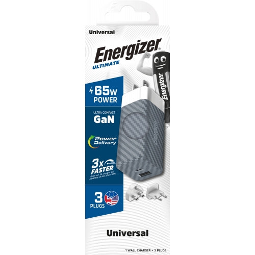 Energizer Ultimate 65W PD/QC Wall Charger with Universal Plug, GaN Technology, Dual Output, , Silver