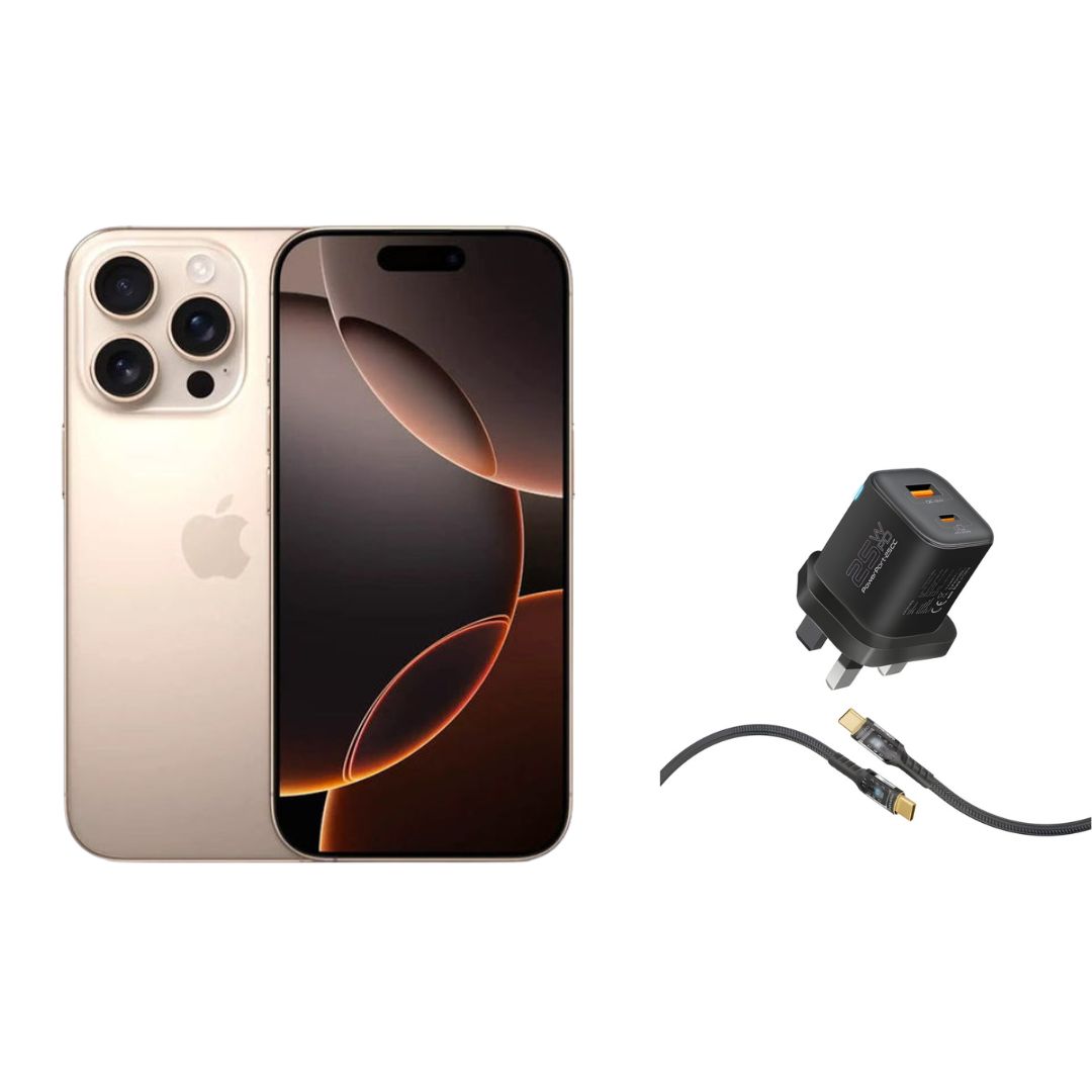 Apple iPhone 16 Pro Max 256GB Desert Titanium + Promate 25W Dual Port Adapter + 60W USB-C Cable Bundle