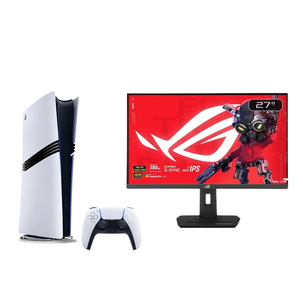 باقة جهاز بلاي ستيشن 5 برو مع شاشة ألعاب ROG Strix XG27WCMS مقاس 27 بوصة بدقة QHD، ومعدل تحديث 280 هرتز، وزمن استجابة 1 مللي ثانية.