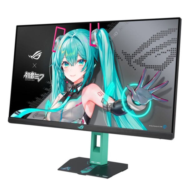 شاشة ألعاب مسطحة Asus ROG Strix XG27ACMEG-G (إصدار Hatsune Miku) مقاس 27 بوصة، دقة QHD (2560x1440)، معدل تحديث 260 هرتز، زمن استجابة 0.3 مللي ثانية، منافذ HDMI 2.1 وUSB Type-C، متوافقة مع تقنية G-Sync، تدعم DisplayWidget Center، وتقنية Fast IPS.