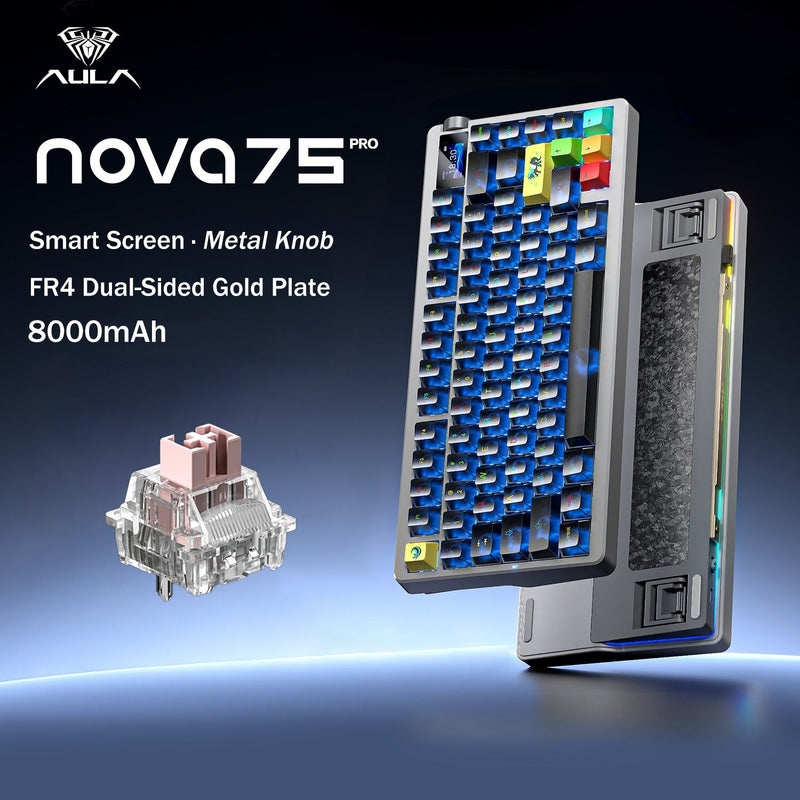 AULA NOVA75 75% Smart Custom Mechanical Keyboard (Wired / 2.4G / BT) Dream Sakura Switch - Black Frosted Translucent Keycaps