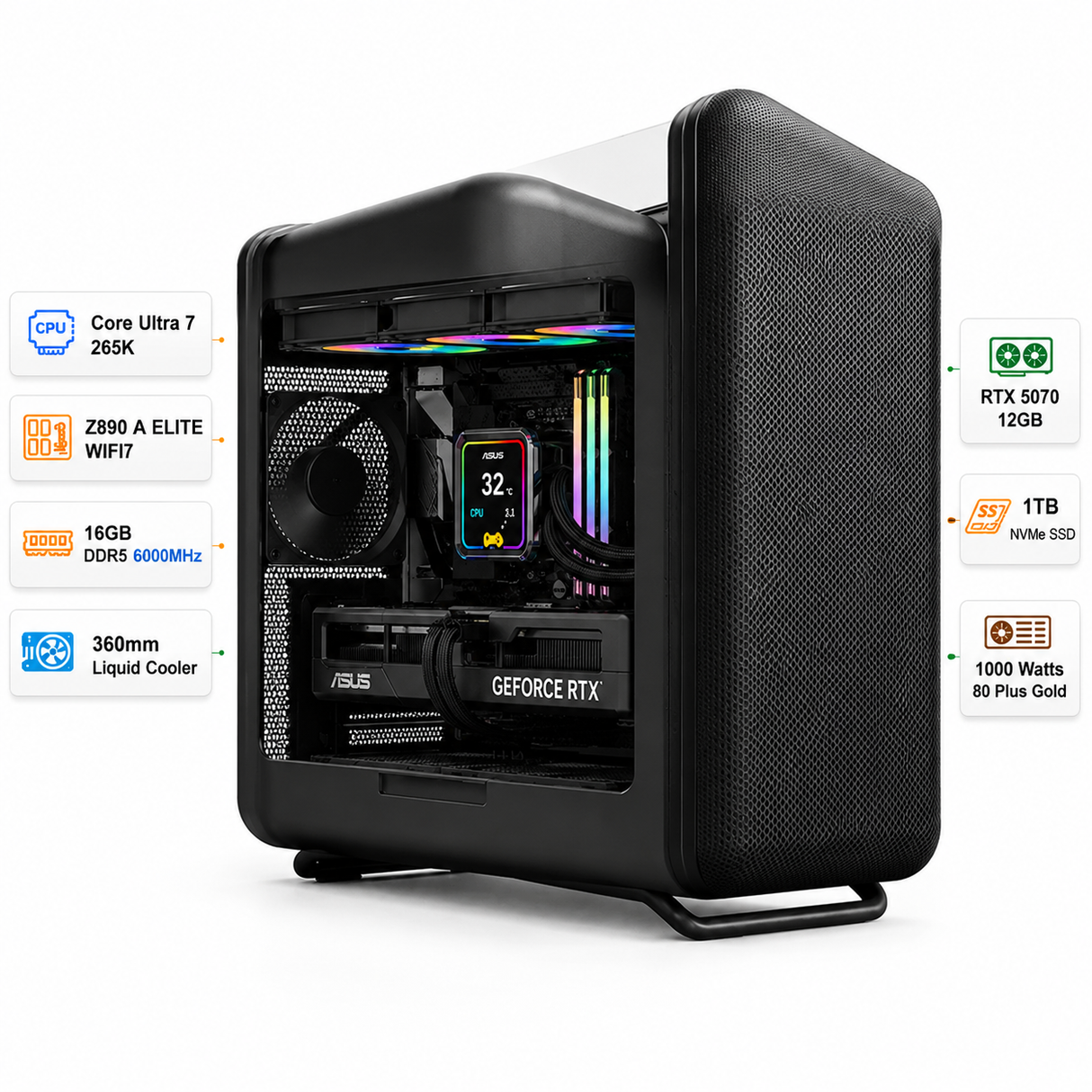 Custom Gaming PC Intel Core Ultra 7 265K, RTX 5070 12GB, 16GB RAM DDR5 6000MHz, 1TB SSD, Windows 11 Pro
