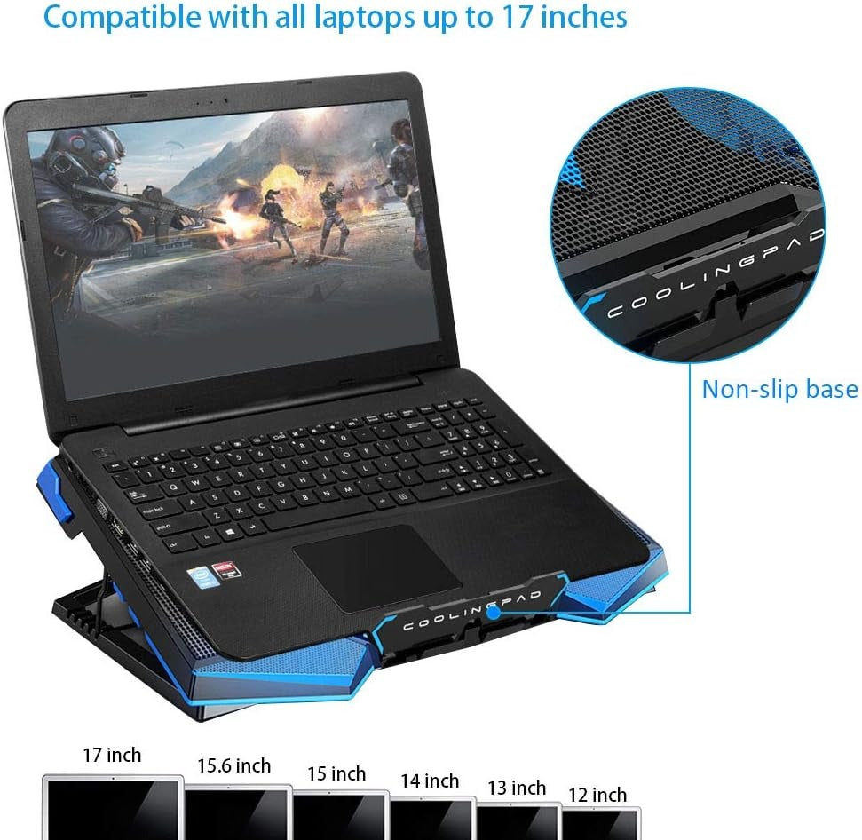 Game Cooling Pad Laptop Cooler with 5 Quiet Red LED Fans - Black/Blue