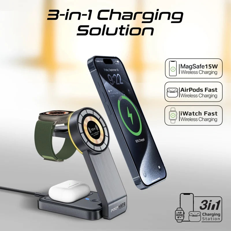 Promate 3 in 1 Transparent Foldable MagSafe Compatible Wireless Charging Station with Night Light  - Black