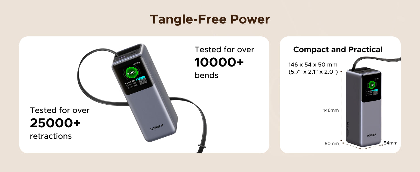 UGREEN Nexode Power Bank 20000mAh 165W with Retractable USB-C Cable - PB726