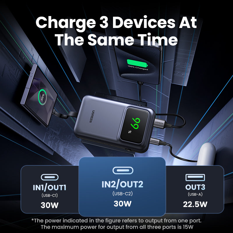 UGREEN 10000mAh Power Bank with Built-in Cable 15W-PB511
