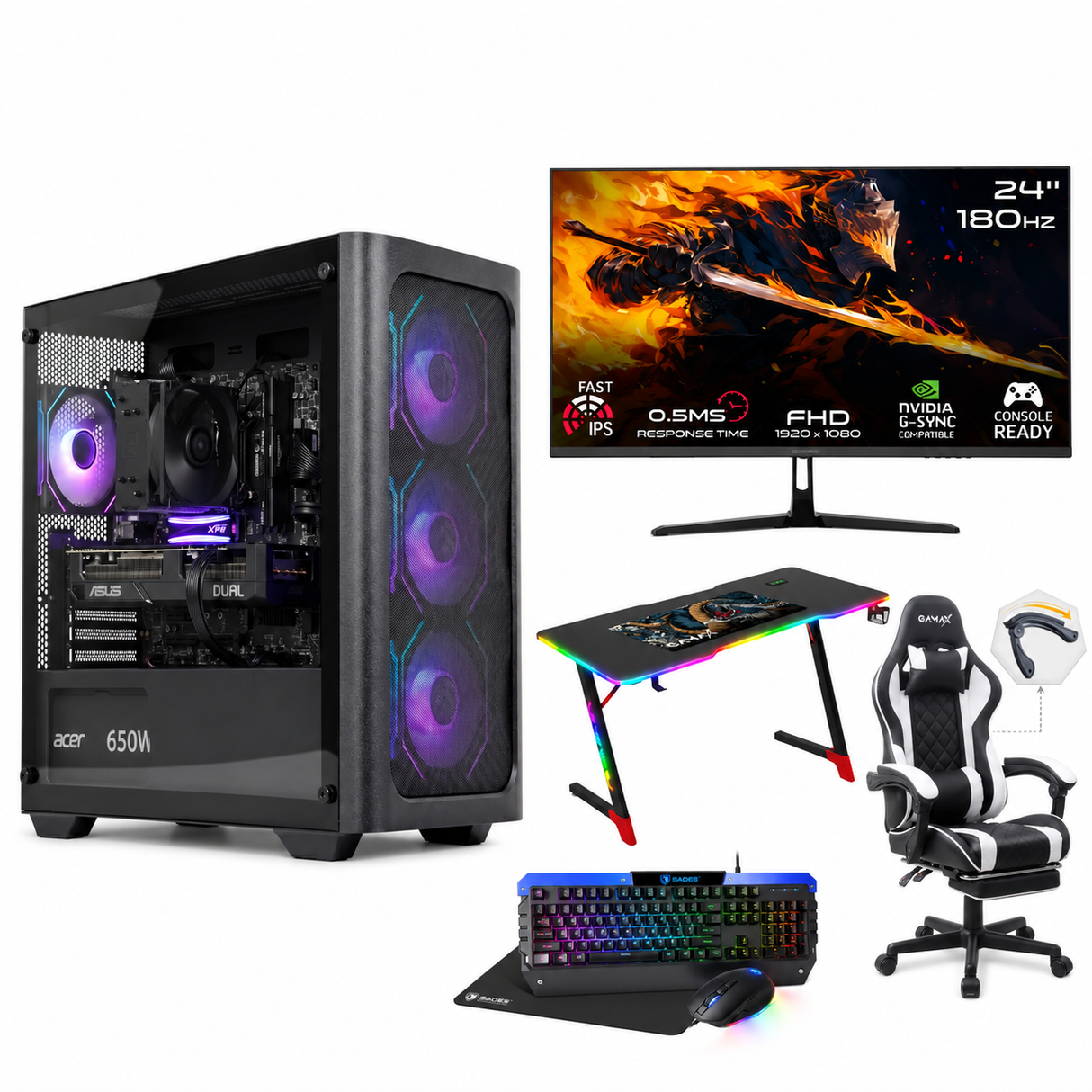 Custom Gaming PC Bundle Intel Core i5-12400F, RTX 5060 8GB, 16GB RAM DDR4, 500GB SSD, With GAMEON 24" FHD Monitor, Gamax Gaming Chair, Gamax D2501 Gaming Table & Sades Gaming Combo