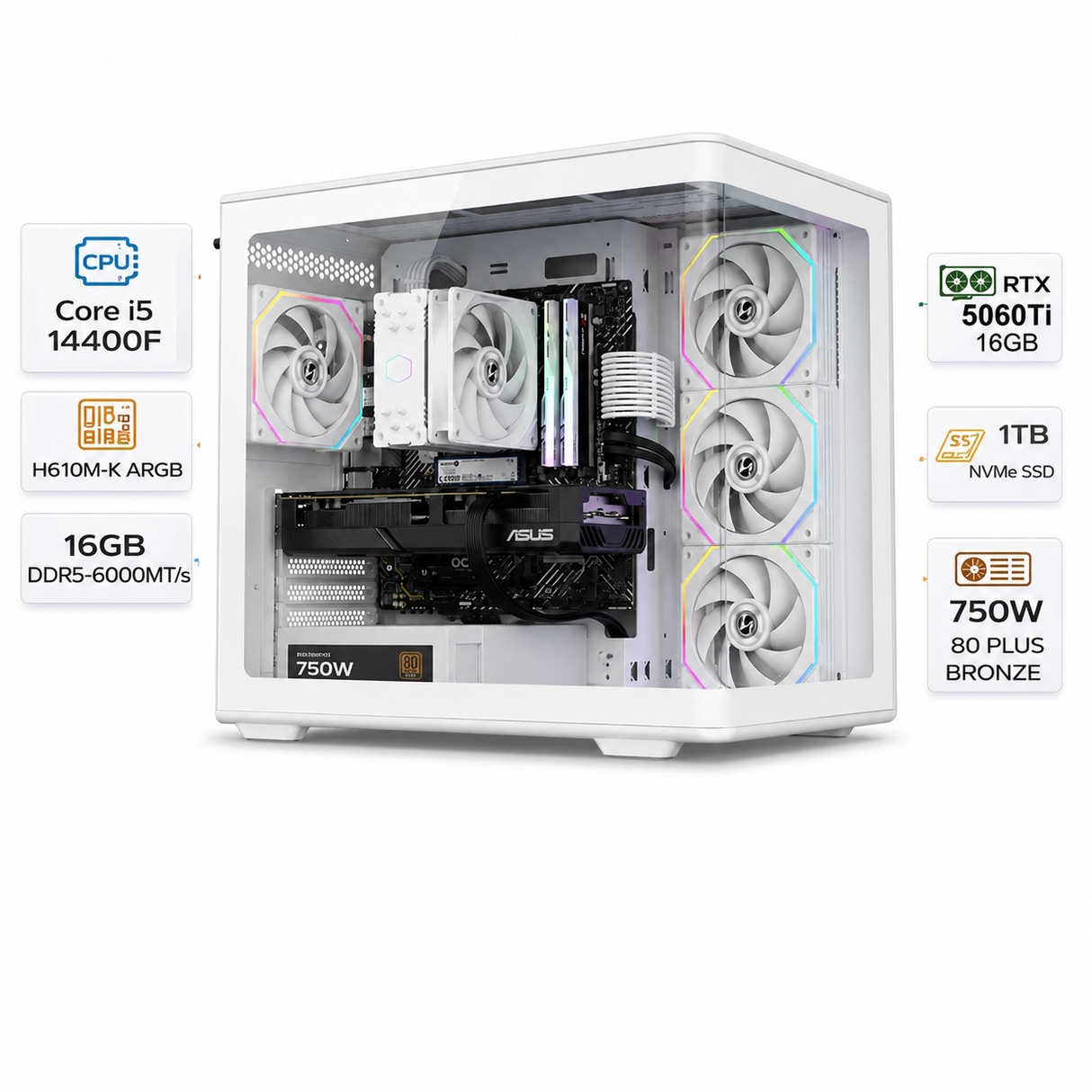 Custom Gaming PC Intel Core i5-14400F, RTX 5060 Ti (VRAM 16GB) GDDR7, 16GB RAM DDR5, 1TB SSD, Win 11 Pro