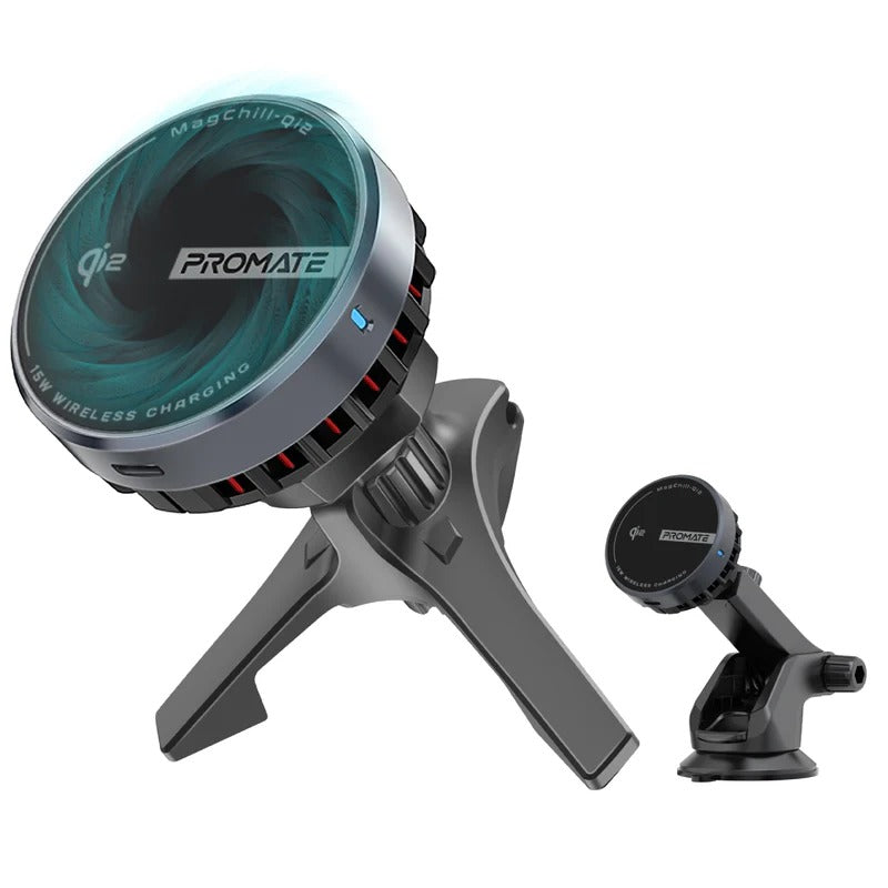 Promate 15W ActiveCool Cradleless Qi2 Certified Wireless Smartphone Charger Mount - Black