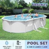 BESTWAY 6.10M X 3.60M X 1.20M OVAL POOL SET (Contents:One Pool, Sand Filter Pump(220-240V),Skimmer,Safety Ladder,Cover,Ground Cloth,ChemConnect Dispenser,Delivered on Pallet)  56369 (Installation Not Included)