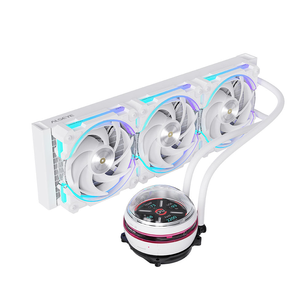 Alseye W360-L-W 360mm AIO Liquid Coolers, 320W TDP low noise ARGB pump with 2.1 inch screen - White