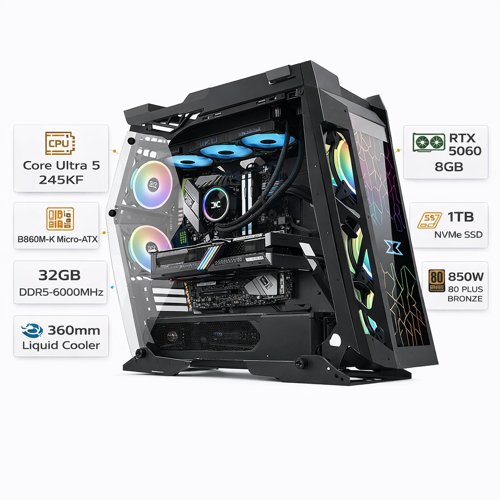 Custom Gaming PC Intel Core Ultra 5 245KF, RTX 5060 Ti 8GB GDDR7, 32GB DDR5 6000MHz, 1TB NVMe, Windows 11 Pro