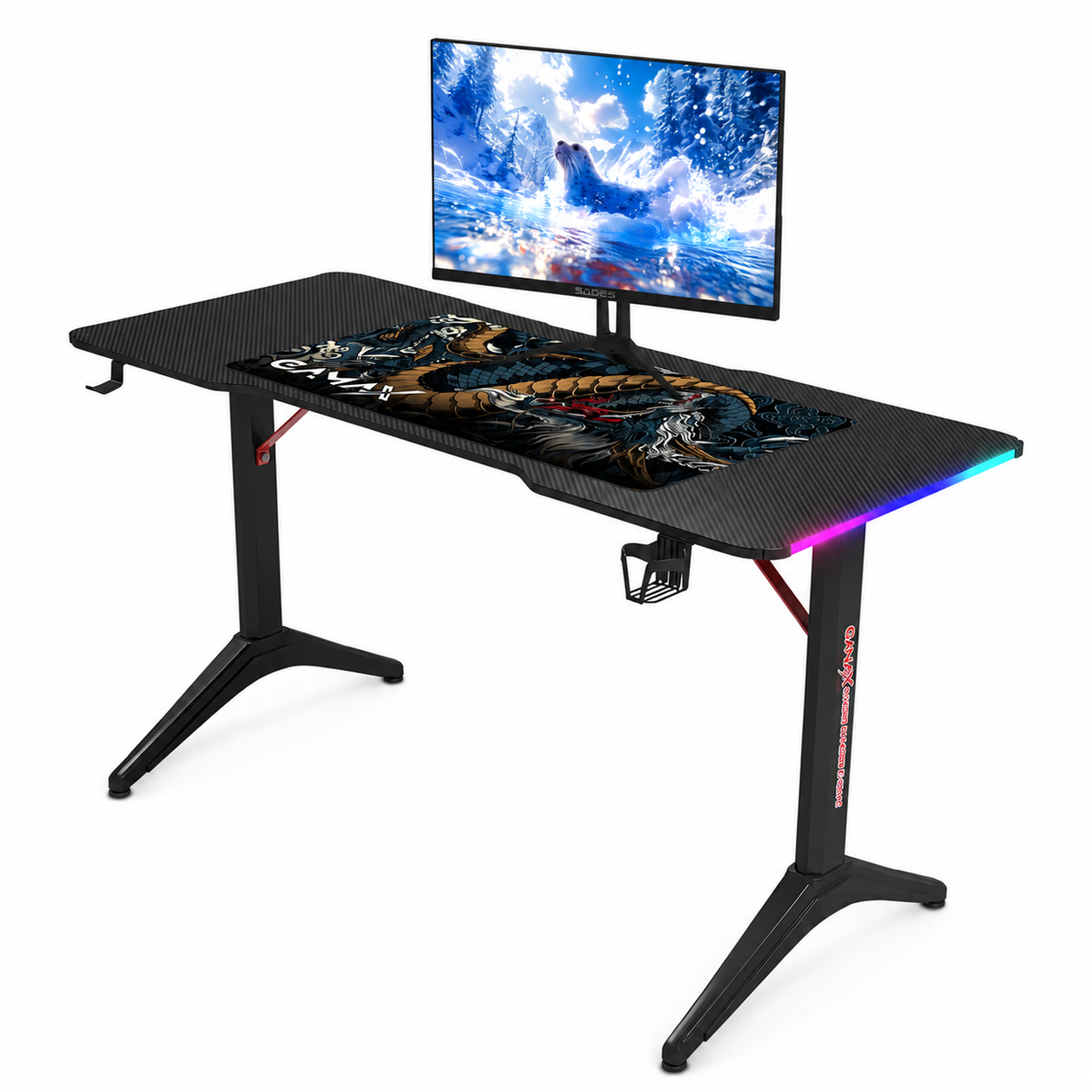 Gamax RGB Black Carbon fiber Gaming Table 120*60*74 cm Including Mousepad with Sades ST-Seal 22" FHD 1920x1080, 120Hz, IPS, Flat Black Gaming Monitor Special Bundle