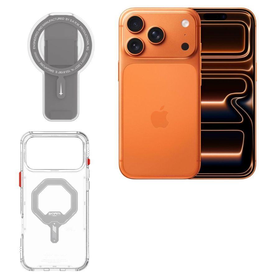 BundleApple iPhone 17 Pro 12GB RAM 6.3"(256GB)Cosmic Orange+SkinArma Saido Mag Charge Case for iPhone 17 Pro -Clear+SKINARMA MAGNETIC SMART GRIP-STAND ARCH XE PHAZE-GREY