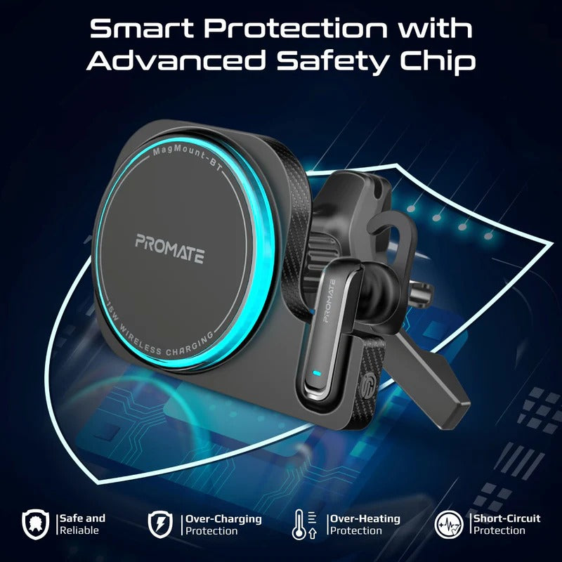 Promate 2-in-1 MagSafe Compatible 15W Wireless Car Charger with Built-in Wireless Mono ENC Earphone - Black