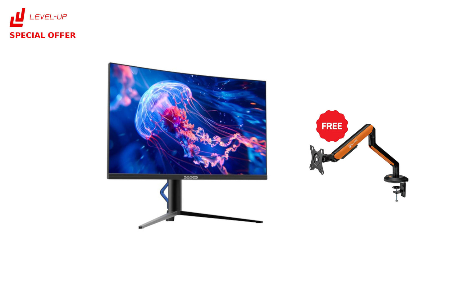 Level Up Offers: Sades BX-Jellyfish 27",FHD,HDMI 2.1, 280Hz, 0.5ms Curved Gaming Monitor + Free Sades Apep SA-MA02 Single Monitor Mount Arm (Max size 32"/9KG Per ARM) - Orange