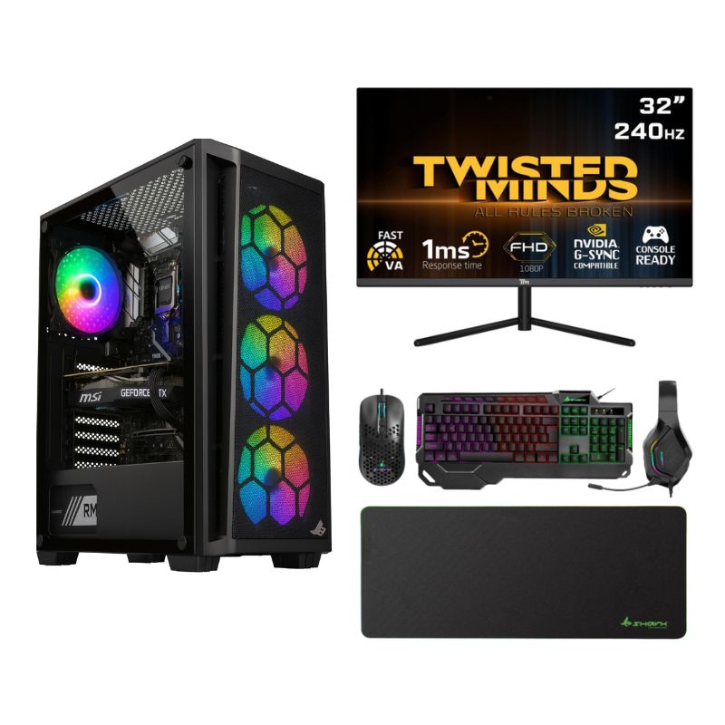 باقة كمبيوتر ألعاب متكاملة – Intel Core i5-14400F، بطاقة RTX 5060 Ti بسعة 16 جيجابايت، ذاكرة DDR5 سعة 16 جيجابايت، تخزين NVMe SSD سعة 1 تيرابايت، نظام Windows 11 Pro + شاشة 32 بوصة 240Hz + مجموعة ألعاب 4 في 1