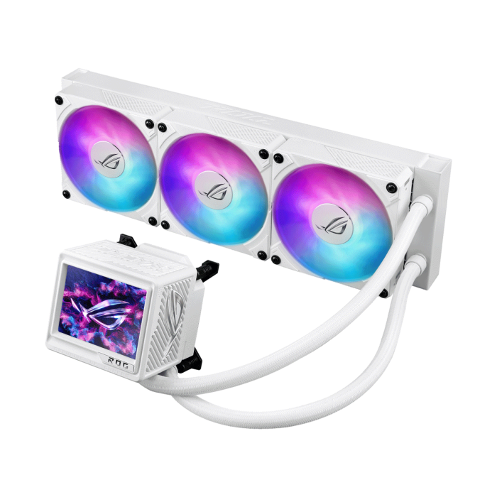مبرد المعالج السائل Asus ROG Ryujin III 360 ARGB Extreme Gen 2 باللون الأبيض مع شاشة LCD بحجم 3.5 بوصة ومراوح مغناطيسية Daisy-Chainable