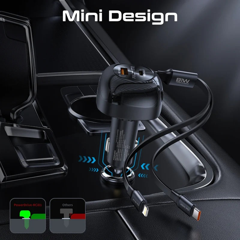 Promate 81W Multi-Port Car Charger with Retractable USB-C & Lightning Cables  - BLACK