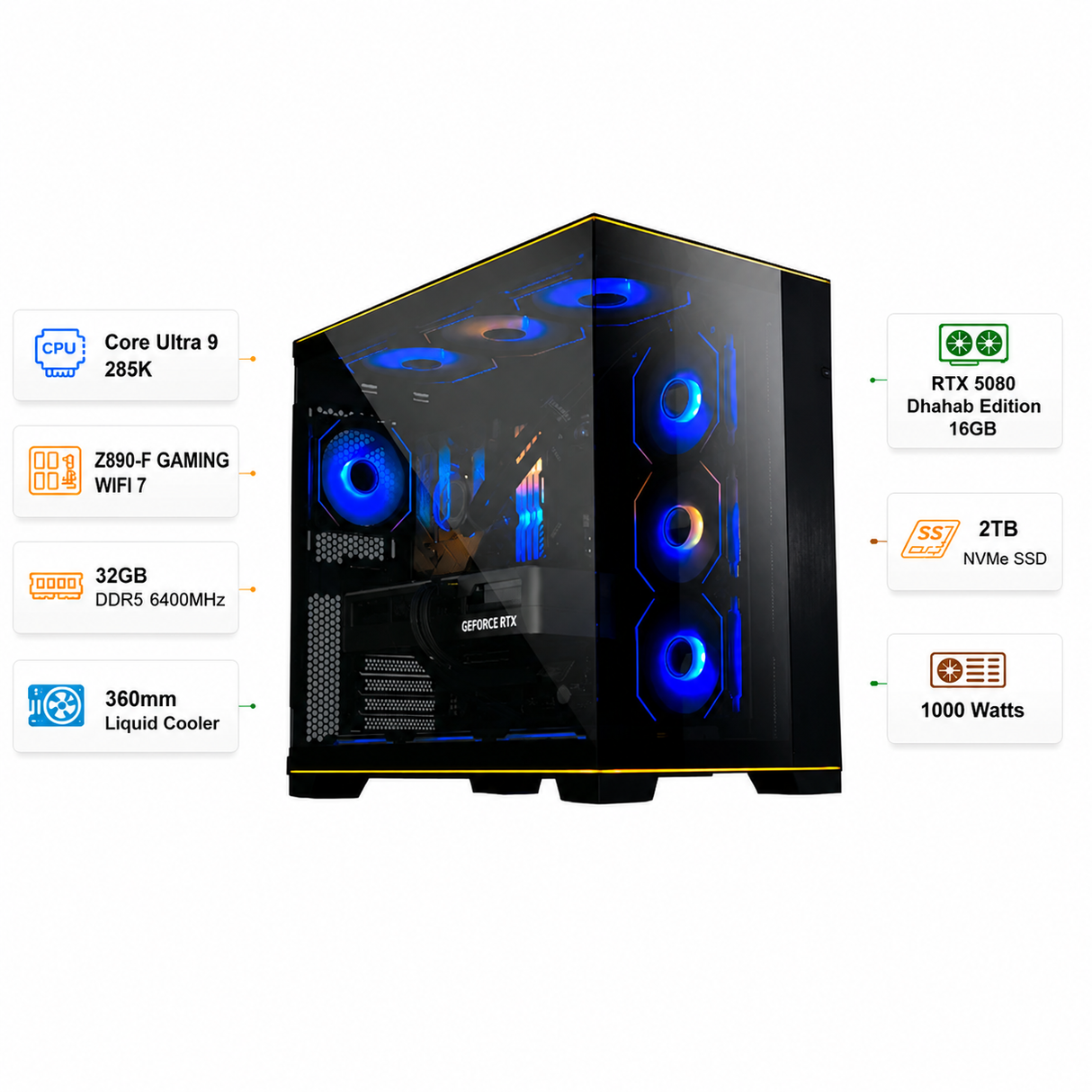 كمبيوتر ألعاب مخصص بمعالج كور ألترا 9 285 كي، كارت شاشة آر تي إكس 5080 أسترال سعة 16 جيجابايت، رامات 32 جيجابايت دي دي آر 5 بسرعة 6400 ميجاهرتز، هارد إس إس دي 2 تيرابايت إن في إم إي، ويندوز 11 برو