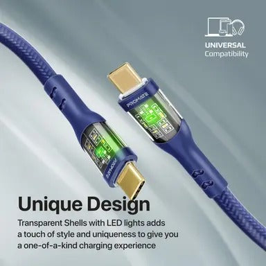 Promate TransLine-CC 60W Power Delivery Ultra-Fast USB-C Cable with Transparent Shells - Navy
