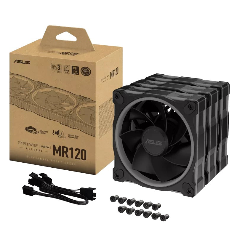 مراوح أسوس برايم إم آر 120، تصميم عكسي، إضاءة متعددة، مجموعة 3 قطع، أسود