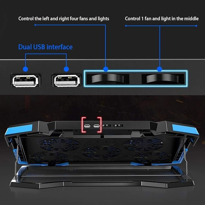 Game Cooling Pad Laptop Cooler with 5 Quiet Red LED Fans - Black/Blue