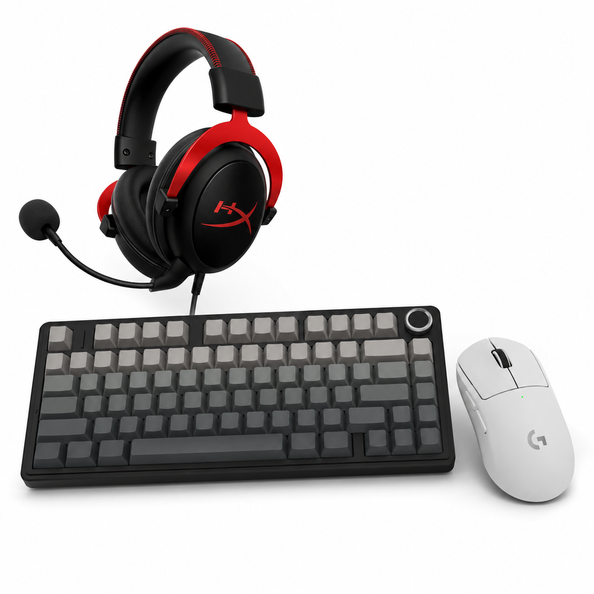 AULA F75 75% Gradient grey Gasket Wireless Mechanical Keyboard with Logitech White Pro X Superlight 2 Gaming Mouse & HyperX Cloud II Mic Head For Gaming Black/Red Special Bundle