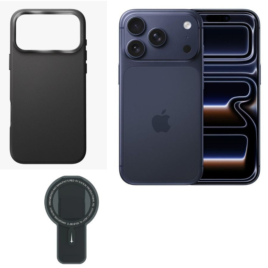 Bundle Apple iPhone 17 Pro (1TB)12GB RAM 6.3"-Deeb Blue+SKINARMA MAGNETIC SMART GRIP-STAND ARCH XE PHAZE-BLACK+Uniq Hybrid Lyden MagSafe Case for iPhone 17 Pro - Dallas Black
