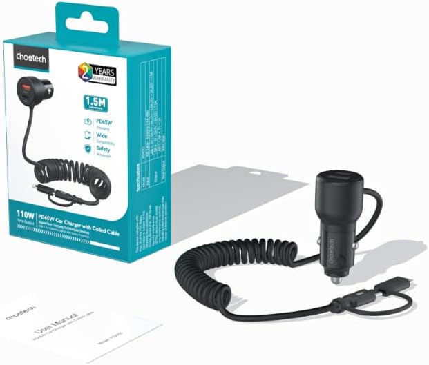 شاحن سيارة Choetech TC0038 بقوة 65W بمنفذ USB-C ومنفذ Lightning – شحن سريع