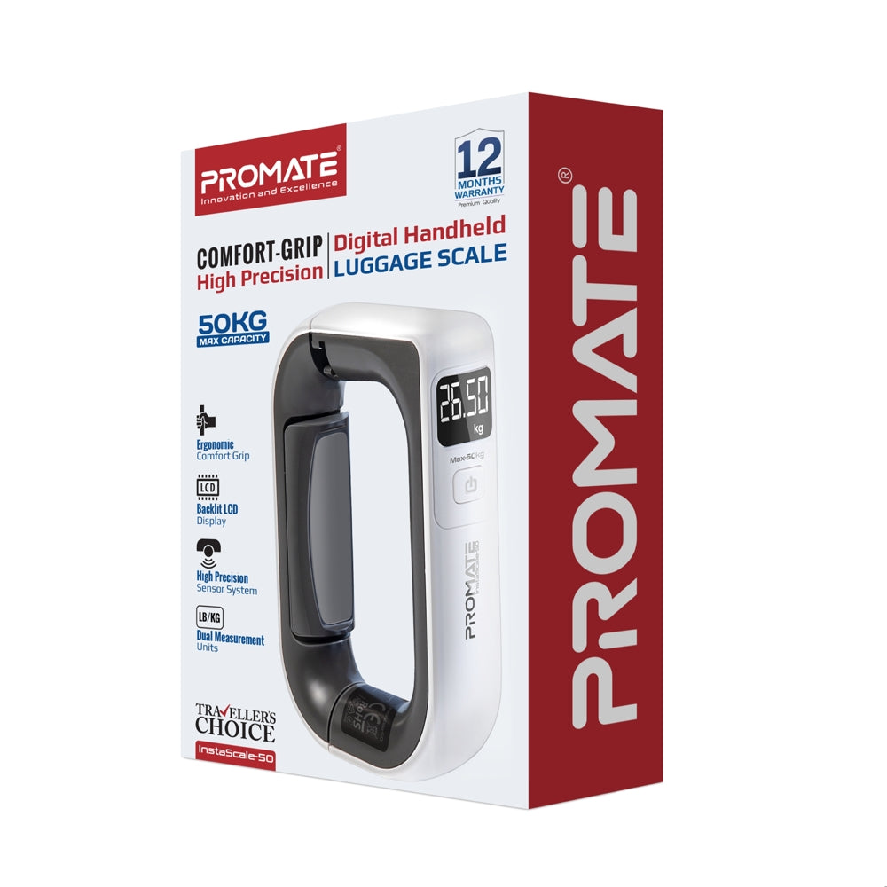 Promate Comfort-Grip High Precision Digital Handheld Luggage Scale, 50Kg Max Capacity - White