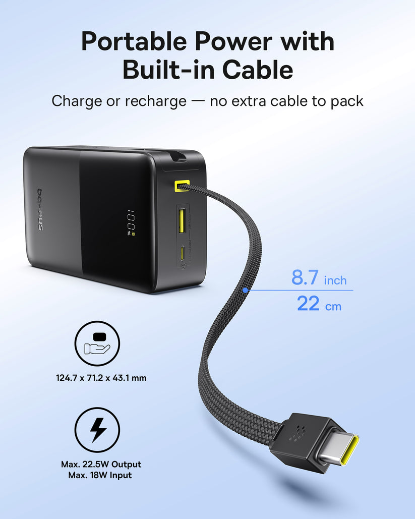 بنك طاقة Baseus EnerFill FC51 Bipow2 Pro بشاشة عرض رقمية وكابل مدمج، سعة 30000 مللي أمبير، قدرة 22.5 واط - أسود كوني