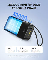 بنك طاقة Baseus EnerFill FC51 Bipow2 Pro بشاشة عرض رقمية وكابل مدمج، سعة 30000 مللي أمبير، قدرة 22.5 واط - أسود كوني