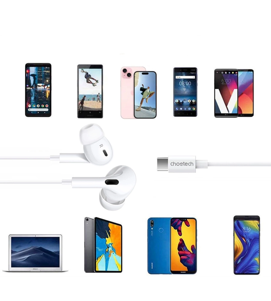 سماعة Choetech OC-A011-WH سلكية بمنفذ Type-C مع مايكروفون وتحكم في الصوت – أبيض