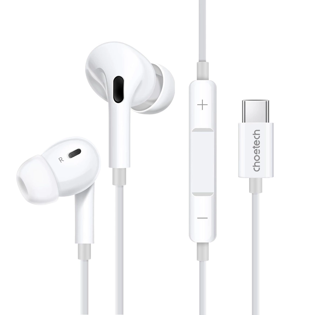 سماعة Choetech OC-A011-WH سلكية بمنفذ Type-C مع مايكروفون وتحكم في الصوت – أبيض