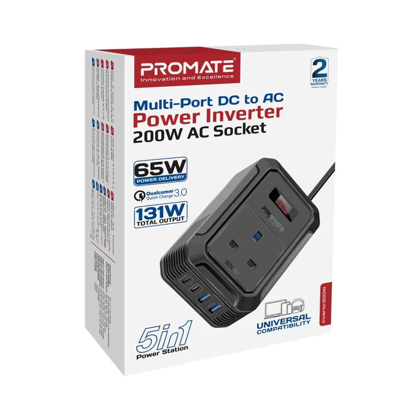 Promate Multi-Port DC to AC Power Inverter with 200W AC Socket  - Black