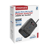 Promate Multi-Port DC to AC Power Inverter with 200W AC Socket  - Black
