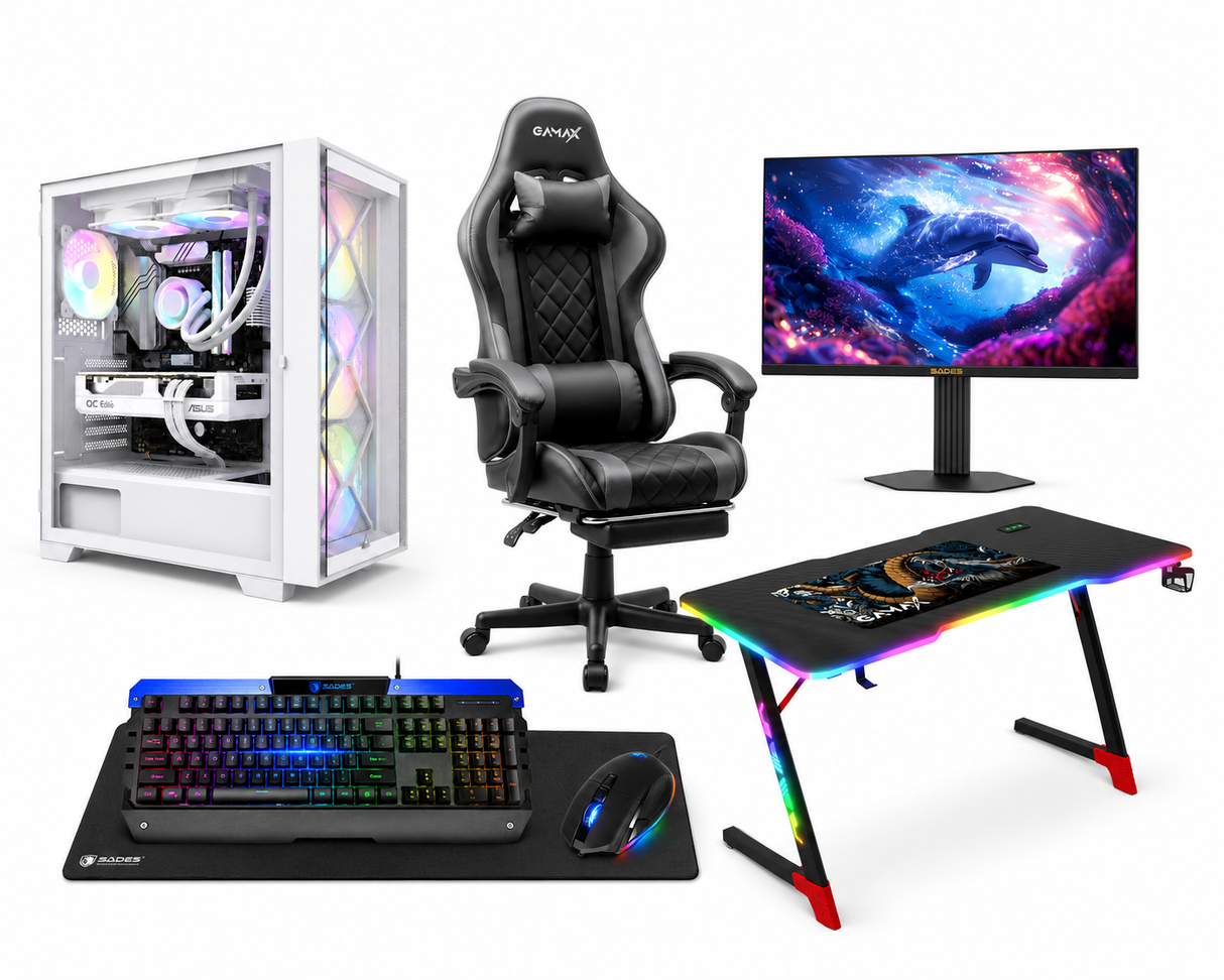 Custom Gaming PC Bundle Ryzen 7 7800X3D, RTX 5060 Ti 16GB, 16GB DDR5 6000MHz, 1TB NVMe, With Sades 24.5'' 2K QHD Monitor, Gamax Gaming Chair, Gamax D2501 Gaming Table & Sades Gaming Combo