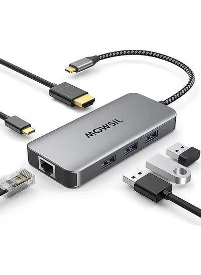 محطة إرساء موسيل 6 في 1 USB-C | HDMI بدقة 4K بمعدل 60 هرتز، شحن سريع بقدرة 100 واط، منفذ RJ45، منفذي USB 3.0 ومنفذ USB-C لنقل البيانات | متوافقة مع MacBook و iPad