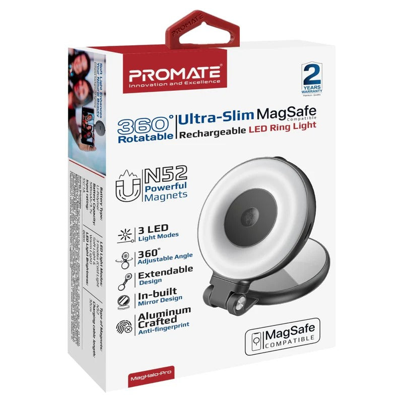 Promate 360° Rotatable Ultra-Slim MagSafe Compatible Rechargeable LED Ring Light - Grey