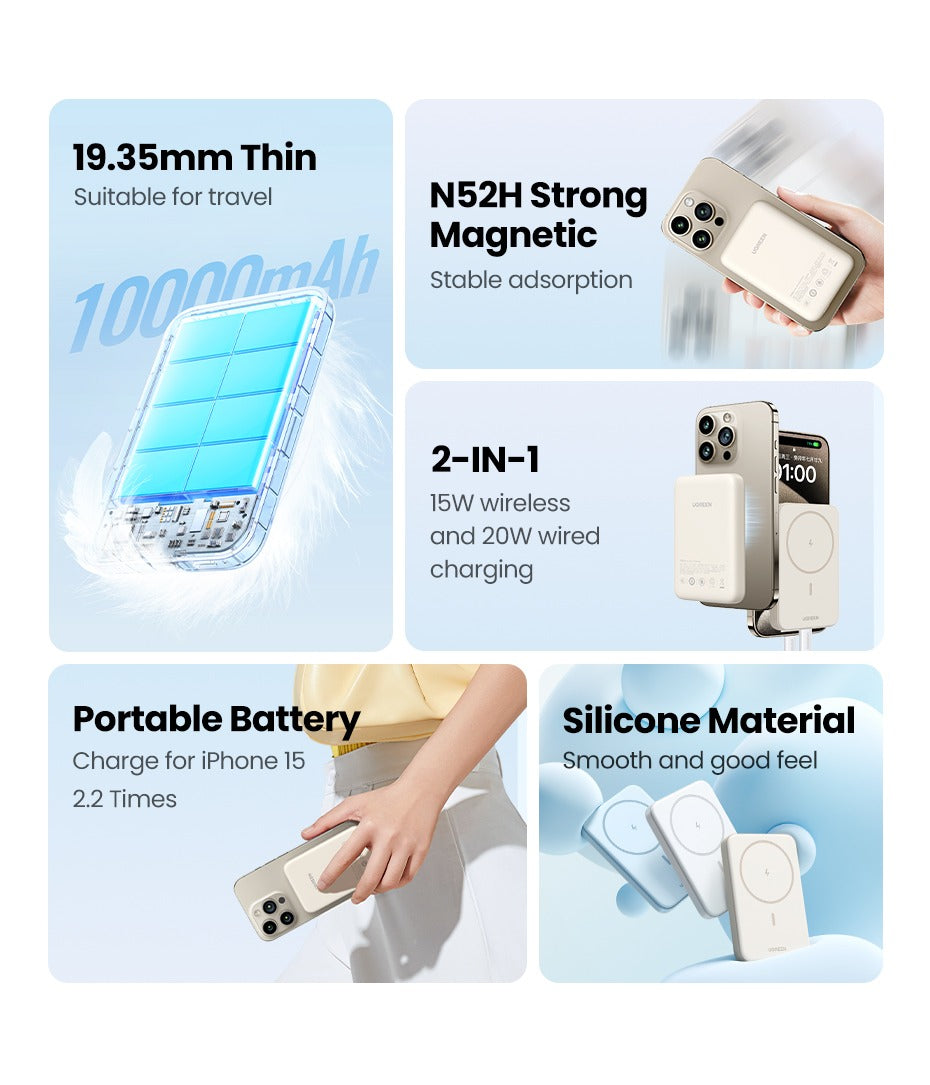 UGREEN 10000mAh PD-20W Magnetic Wireless15W Power Bank - Beige PB561