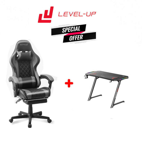 Gamax Offer: Gamax Gaming Chair Model 1-LT001L with Linkage Function Armrest & Retactable Footrest With Z5-1160 Carbon Fiber Gaming Table 100*60*75cm with RGB Light & MousePad ( Installation not included )