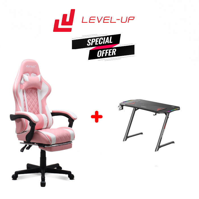 Gamax Offer: Gamax Gaming Chair Model 1-LT001L with Linkage Function Armrest & Retactable Footrest With Z5-1160 Carbon Fiber Gaming Table 100*60*75cm with RGB Light & MousePad ( Installation not included )