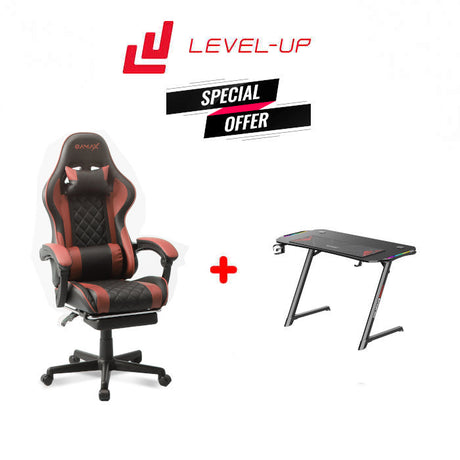 Gamax Offer: Gamax Gaming Chair Model 1-LT001L with Linkage Function Armrest & Retactable Footrest With Z5-1160 Carbon Fiber Gaming Table 100*60*75cm with RGB Light & MousePad ( Installation not included )