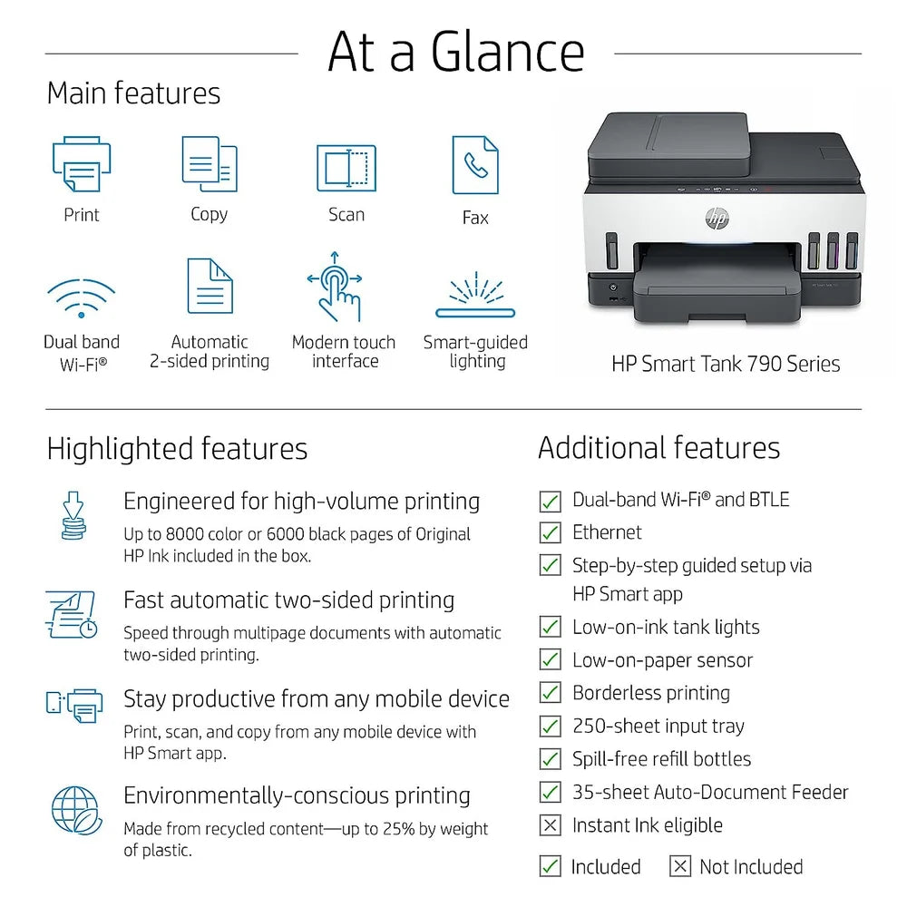 HP Smart Tank 750 AIO - 15ppm / 4800dpi / A4 / USB / LAN / Wi-Fi / Bluetooth / Color Inkjet - Printer / 6UU47A