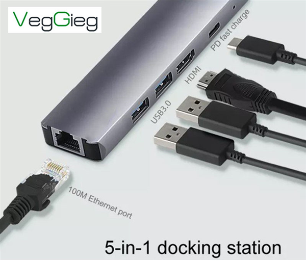 VegGieg Type-C to HDMI *1 + USB3.0*2 + PD Charging(100W) + RJ45 Gigabit  5-in-1 Docking Station Model V-TC05B