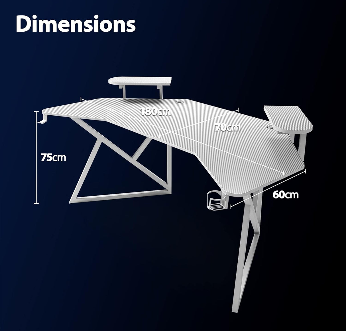 Gamax D2204W Curved Carbon fiber Gaming Table 180*70*74 cm with Multi Level Shelves & Mousepad - White (Installation Not Included)