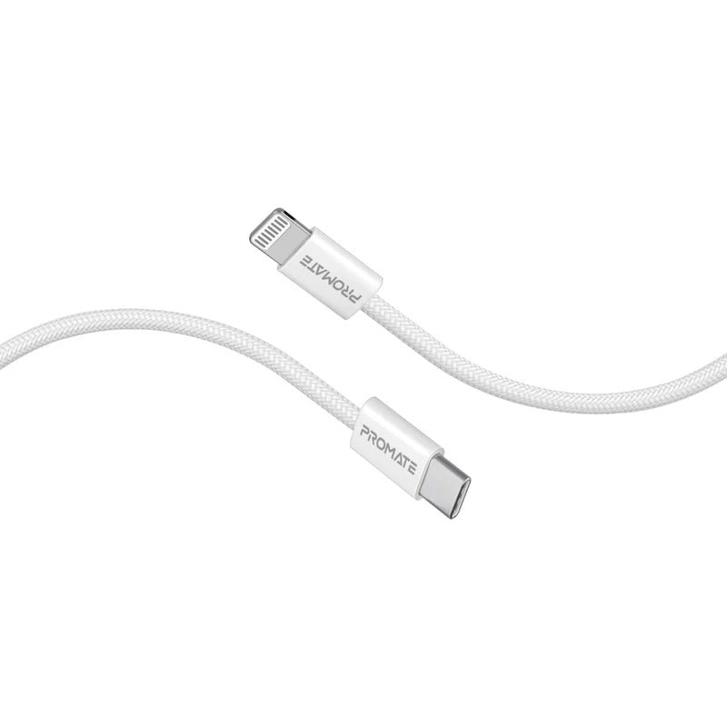 Promate EcoLine-Ci120 Super-Fast 27W Power Delivery USB-C to Lightning Fabric Braided Cable 1.2 Meters- White
