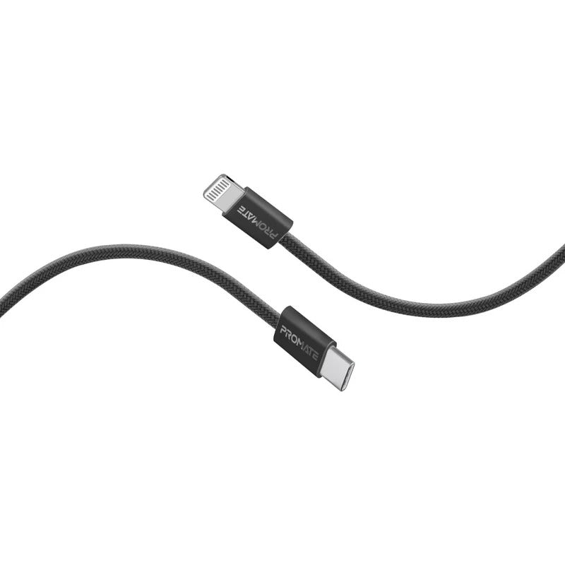 Promate EcoLine-Ci120 Super-Fast 27W Power Delivery USB-C to Lightning Fabric Braided Cable 1.2 Meters- Black